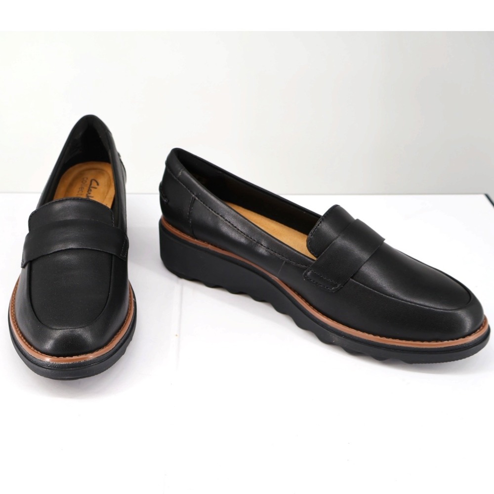 Clarks Sharon Gracie Black Soft Leather Loafer Wedge Comfort Shoe 7.5M